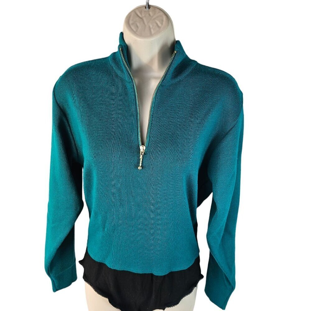 Vintage 80s Meister Skiwear Bodysuit Women M Teal Wool Blnd Quarter Zip Mock Nec